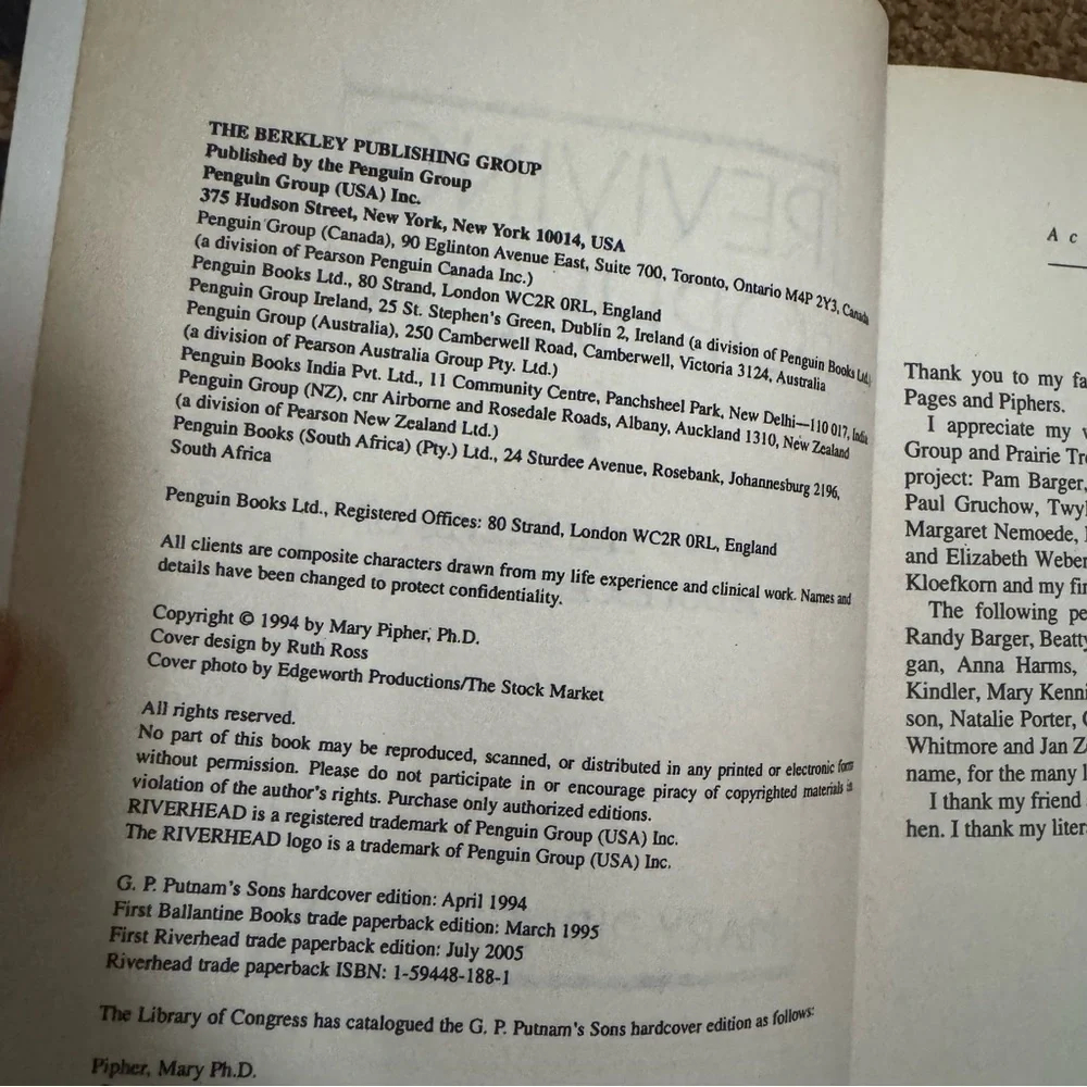 REVIVING OPHELIA Saving The Selves of Adolescent Girls by Mary Pipher Book